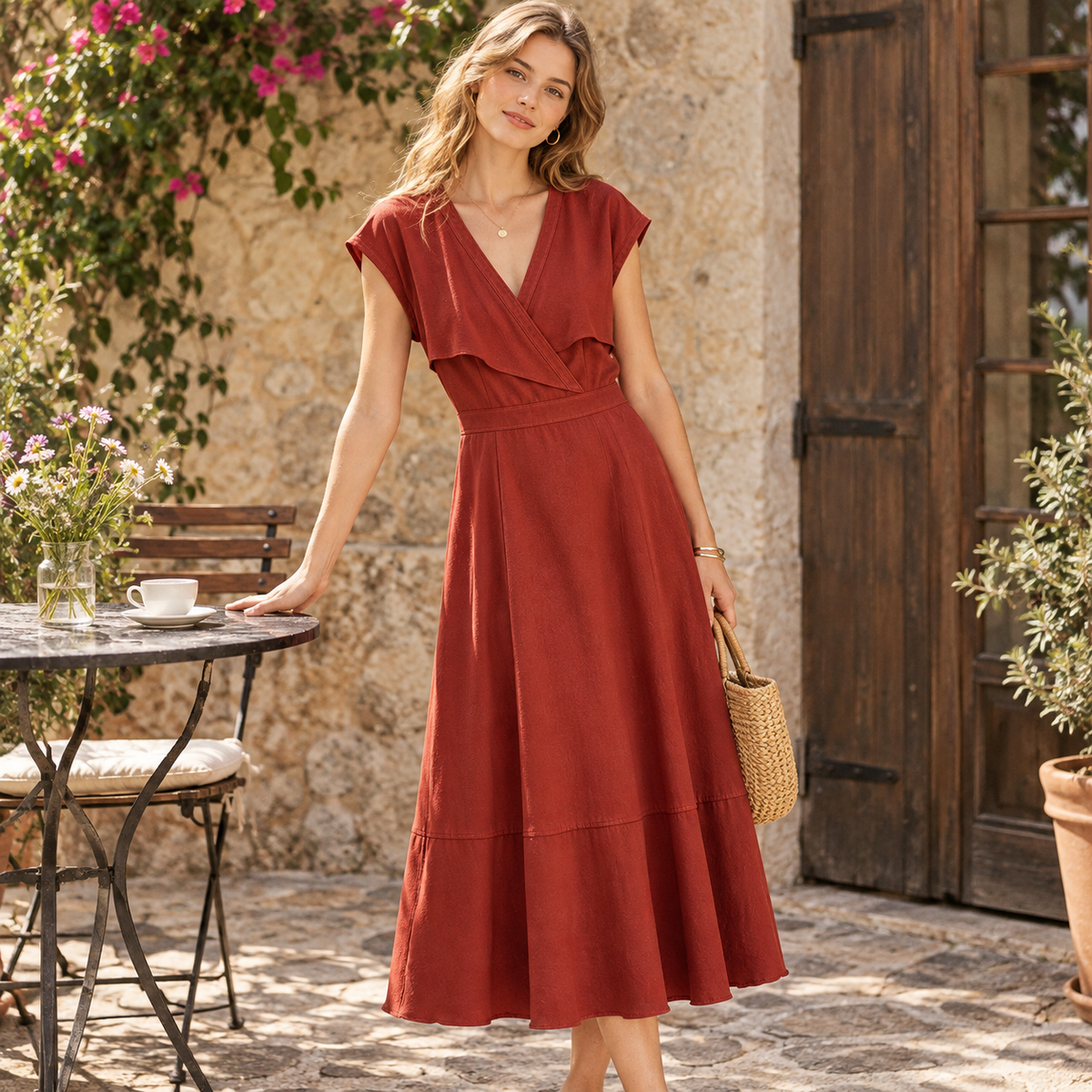 Terracotta Wrap V-Neck Cap Sleeve A-Line Midi Dress