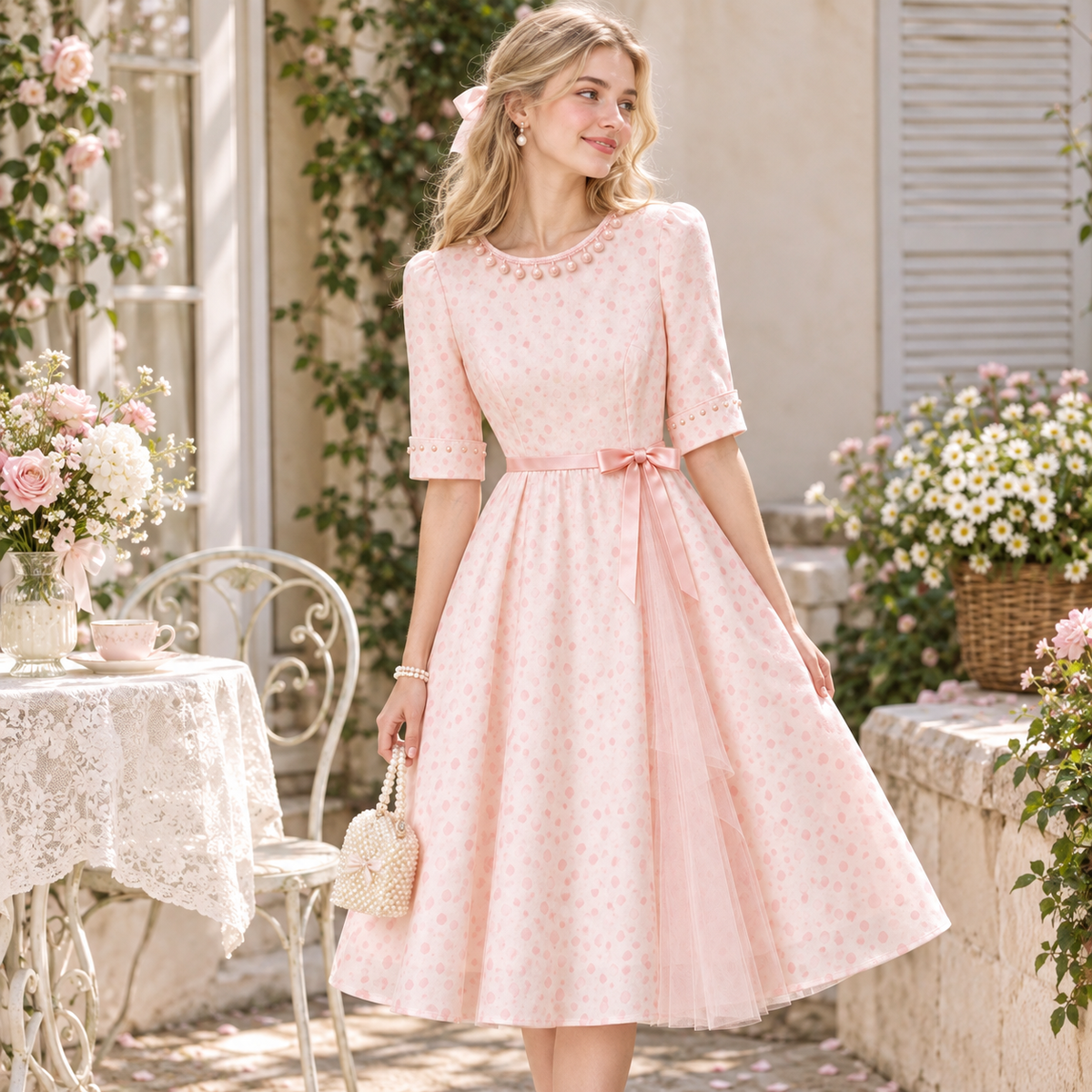 Blush Pink Polka Dot Pearl Trim Belted Midi Dress