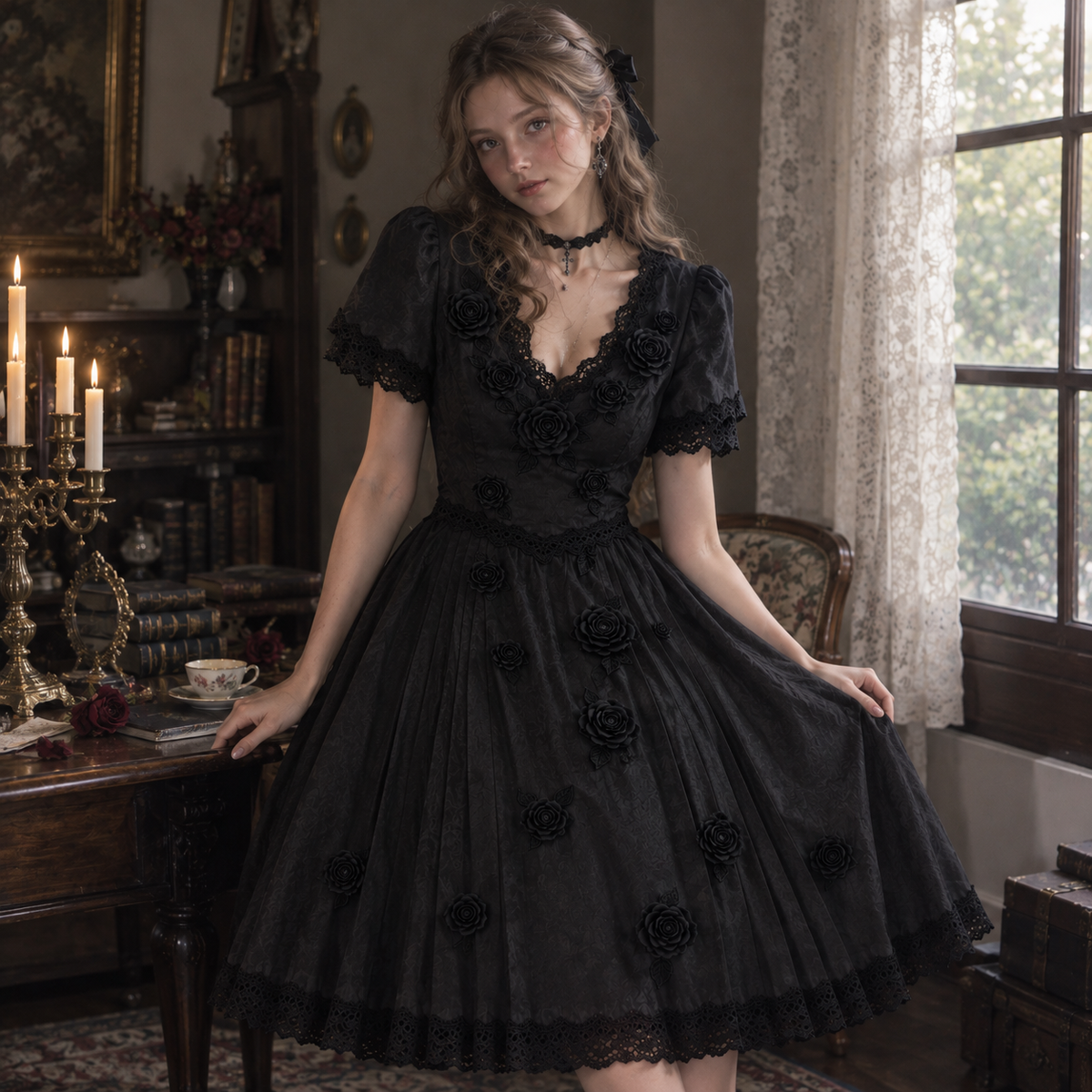 Black 3D Rose Applique Lace Trim Pleated Midi Dress