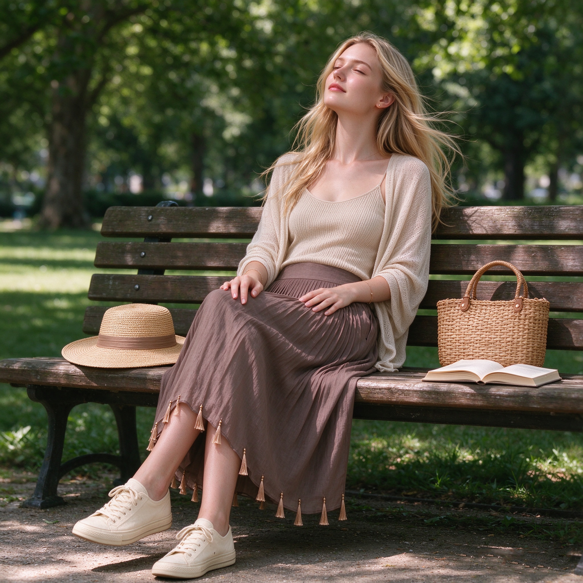 Brown Micro-Pleated Tassel Hem Midi Skirt