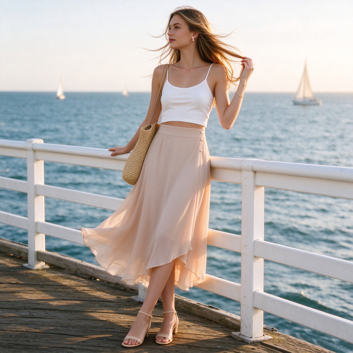 Nude Blush Chiffon High-Low Pearl Button Midi Skirt