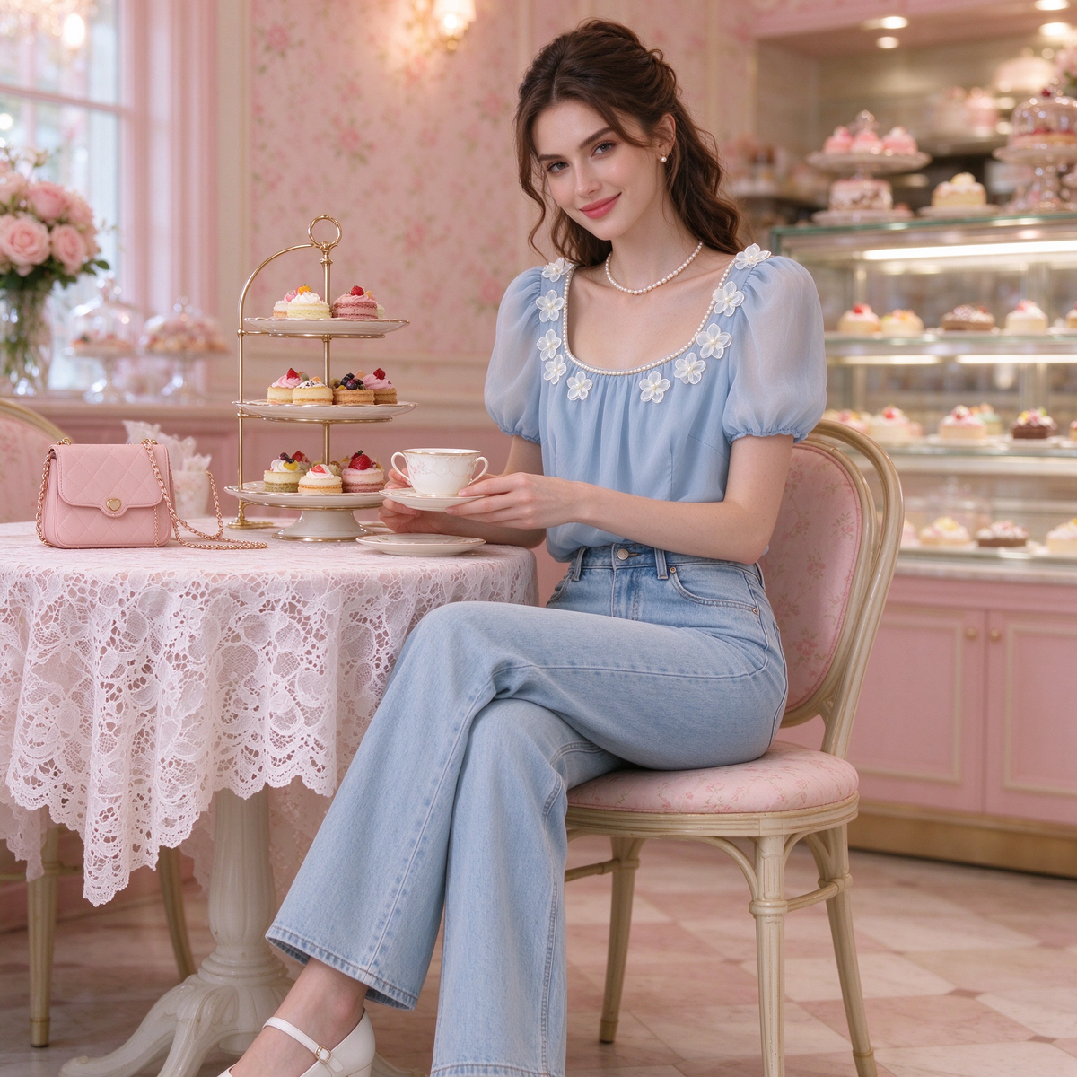 Baby Blue Square Neck Pearl 3D Flower Puff Sleeve Blouse
