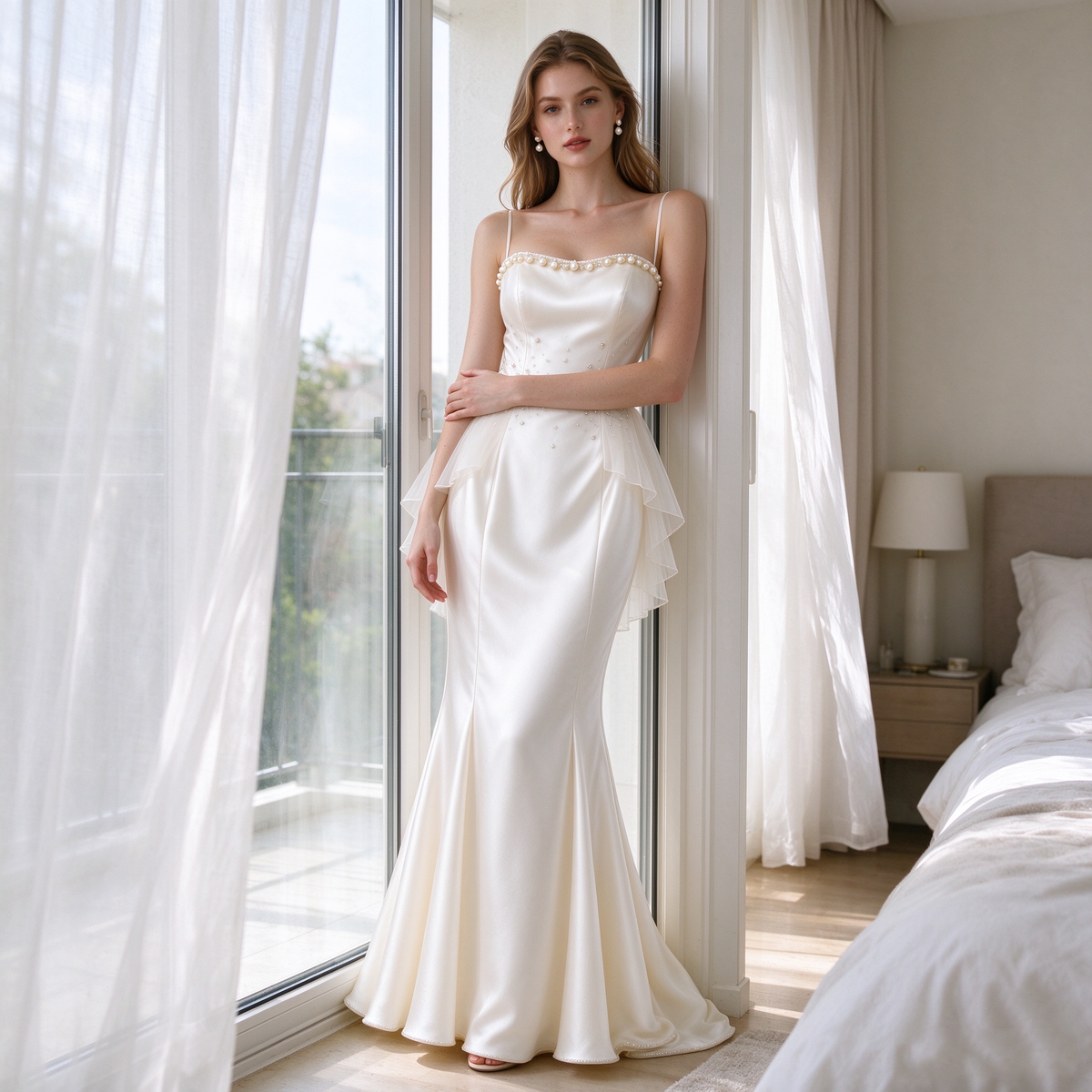 Ivory Pearl-Trim Satin Mermaid Evening Gown