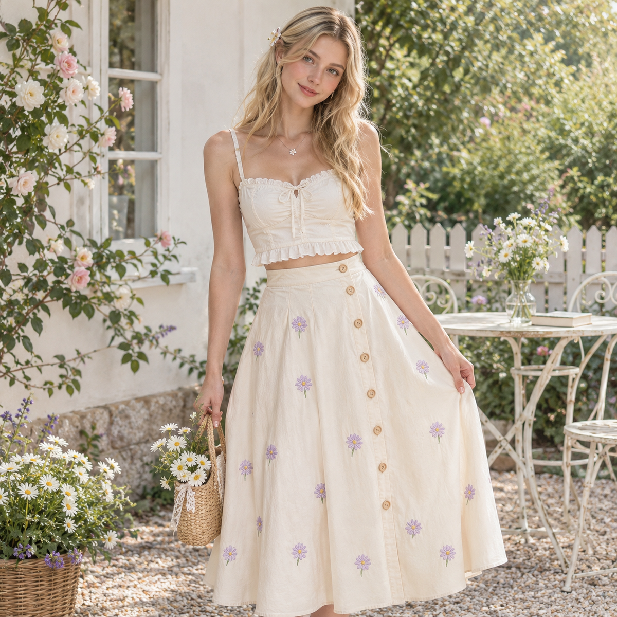 Cream Cotton Purple Daisy Embroidered Button-Front Midi Skirt