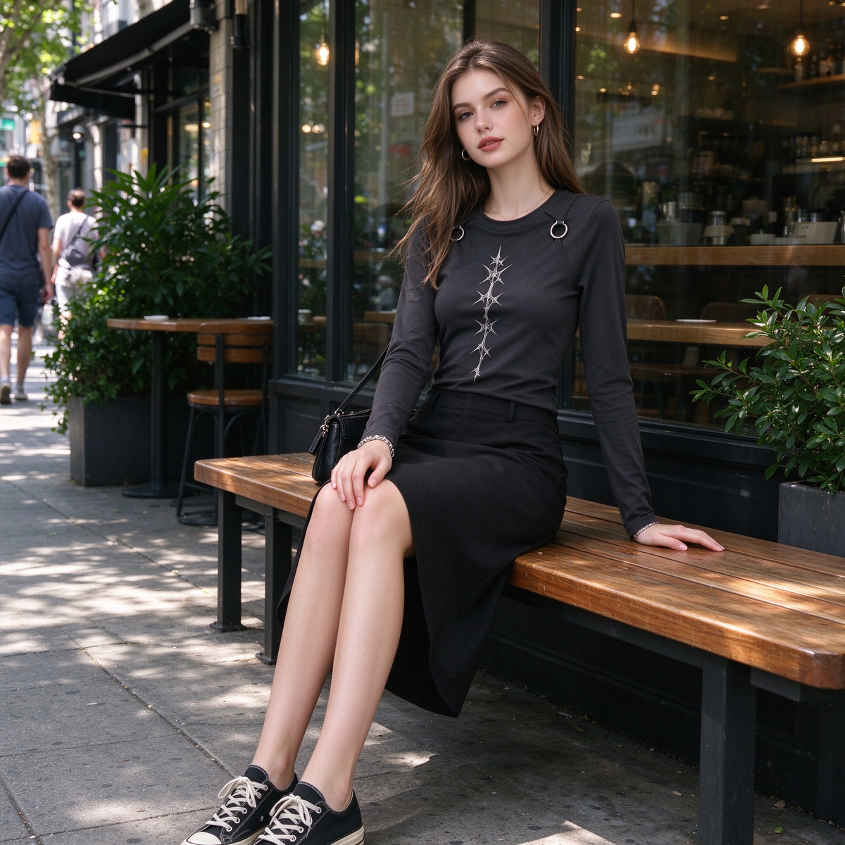 Black Shoulder Ring Hardware Chrome Thorn Graphic Long Sleeve Top