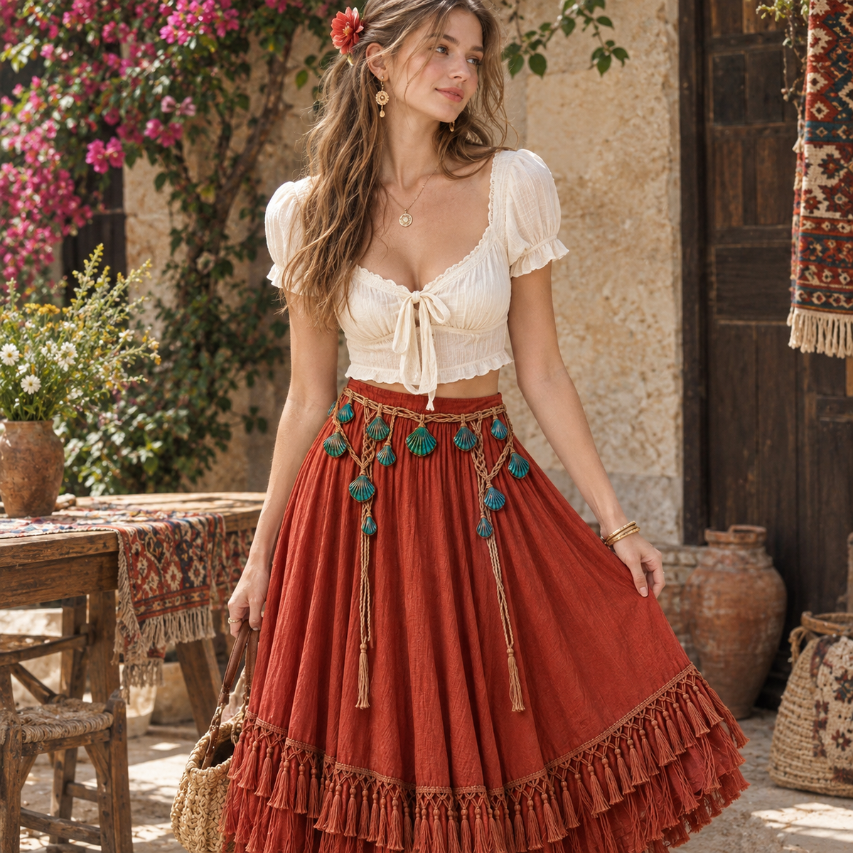 Rust Boho Turquoise Shell Fringe Tassel Hem Maxi Skirt