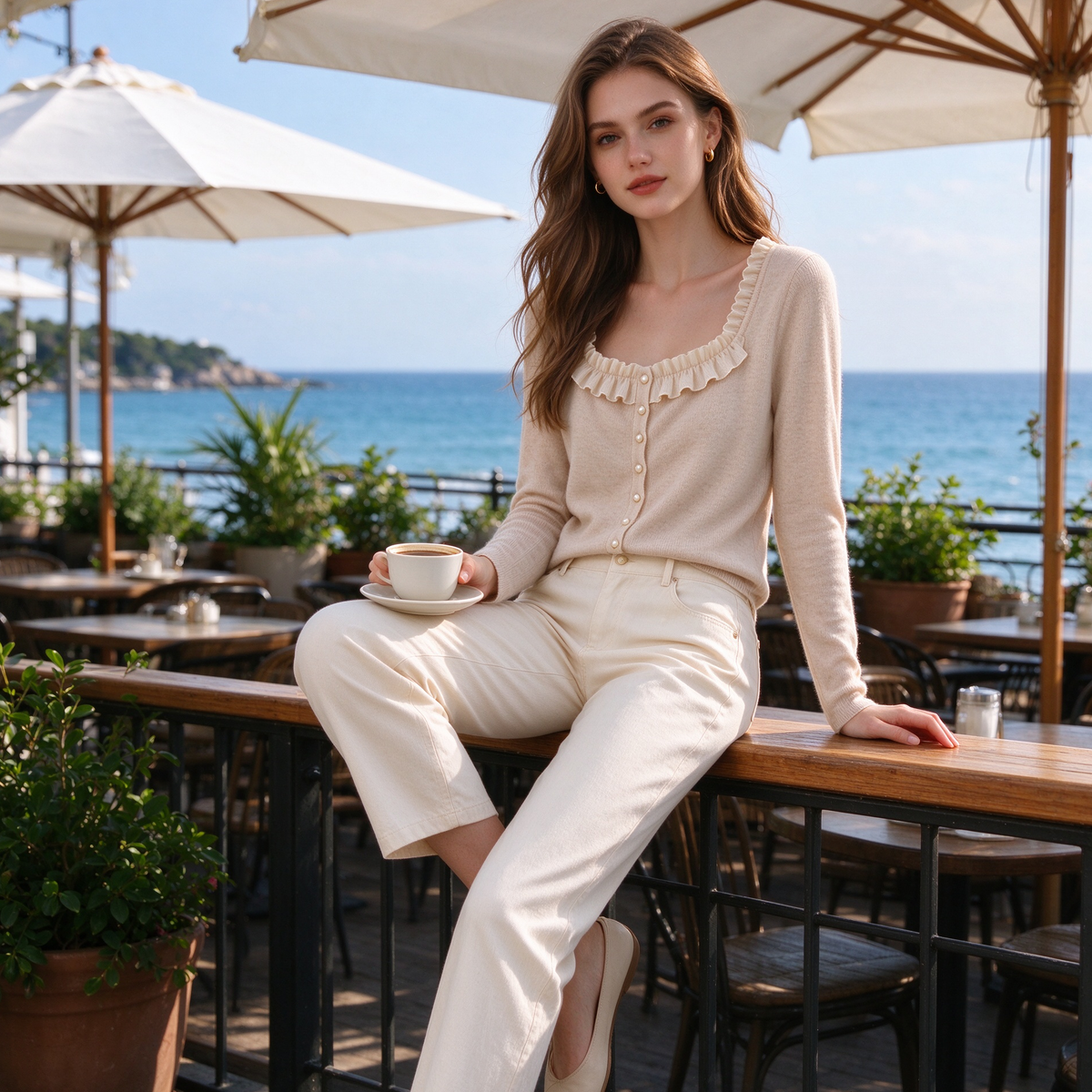 Oatmeal Ruffle Square Neck Pearl Button Knit Cardigan