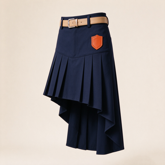 Navy Asymmetric High-Low Pleated Midi Skirt with Belt Orange Badge