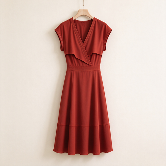 Terracotta Wrap V-Neck Cap Sleeve A-Line Midi Dress