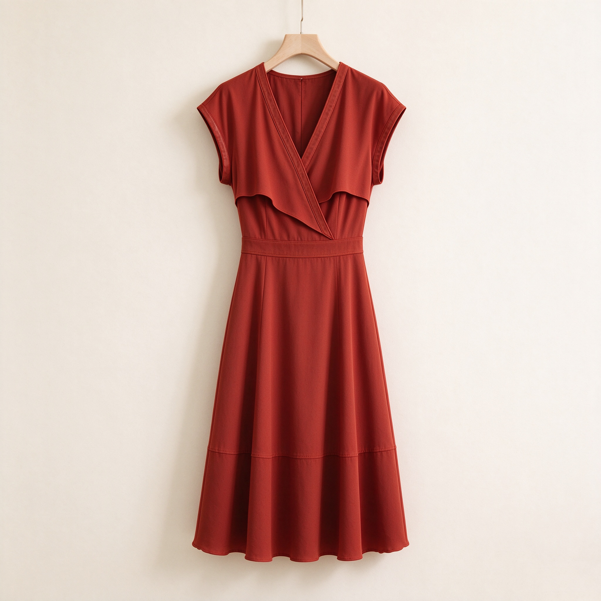 Terracotta Wrap V-Neck Cap Sleeve A-Line Midi Dress