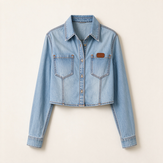 Light Wash Denim Cropped Shirt Jacket with Leather Patch