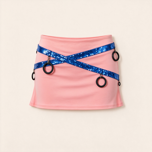 Pink Bodycon Mini Skirt with Blue Sequin Cross Straps Ring Hardware