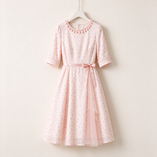 Blush Pink Polka Dot Pearl Trim Belted Midi Dress