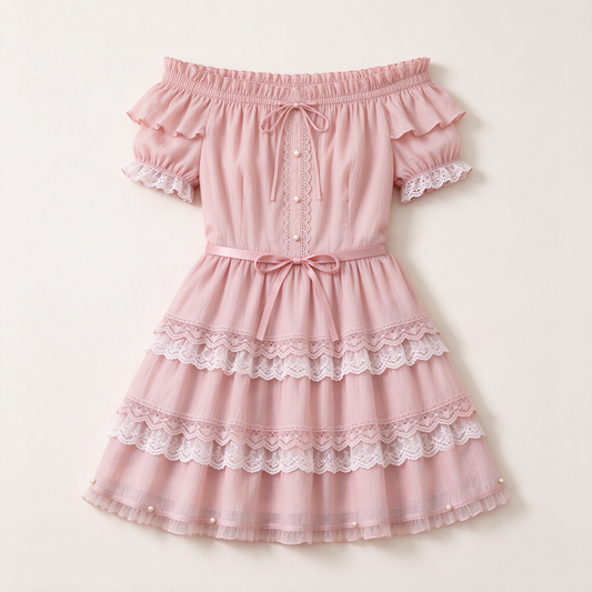 Dusty Pink Off-Shoulder Lace Tiered Ruffle Mini Dress