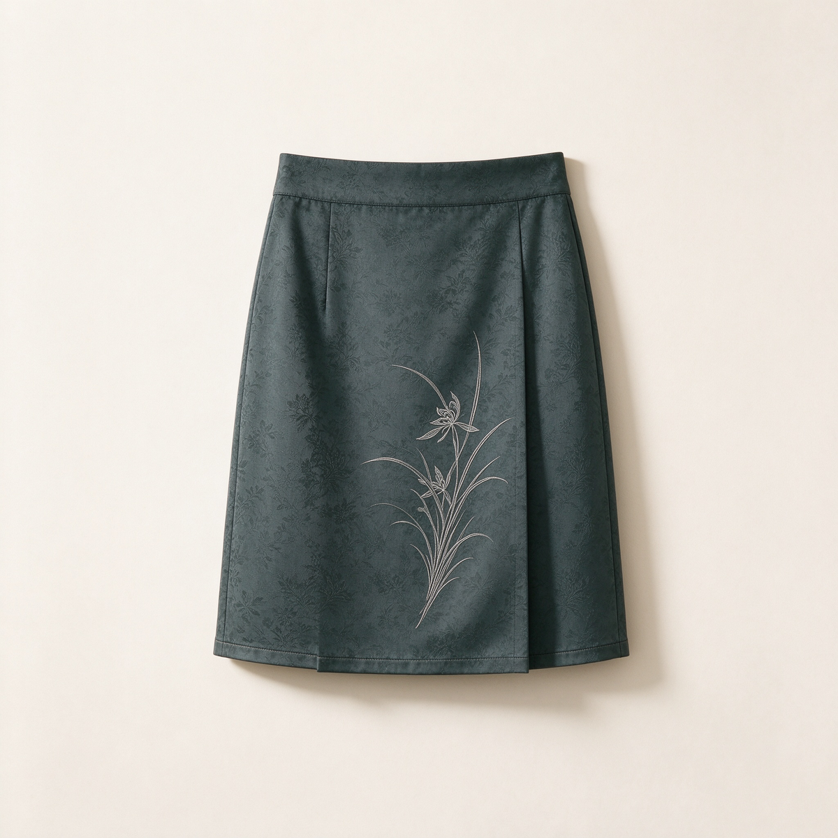 Dark Green Jacquard Orchid Embroidered Wrap Midi Skirt