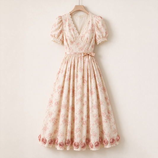 Cream Floral Puff Sleeve Satin Belt Rose-Hem Midi Dress