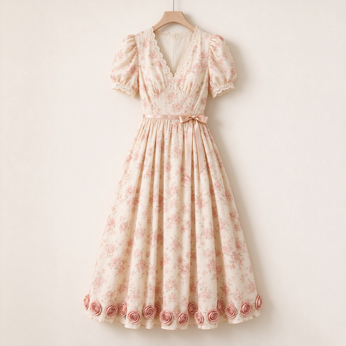 Cream Floral Puff Sleeve Satin Belt Rose-Hem Midi Dress