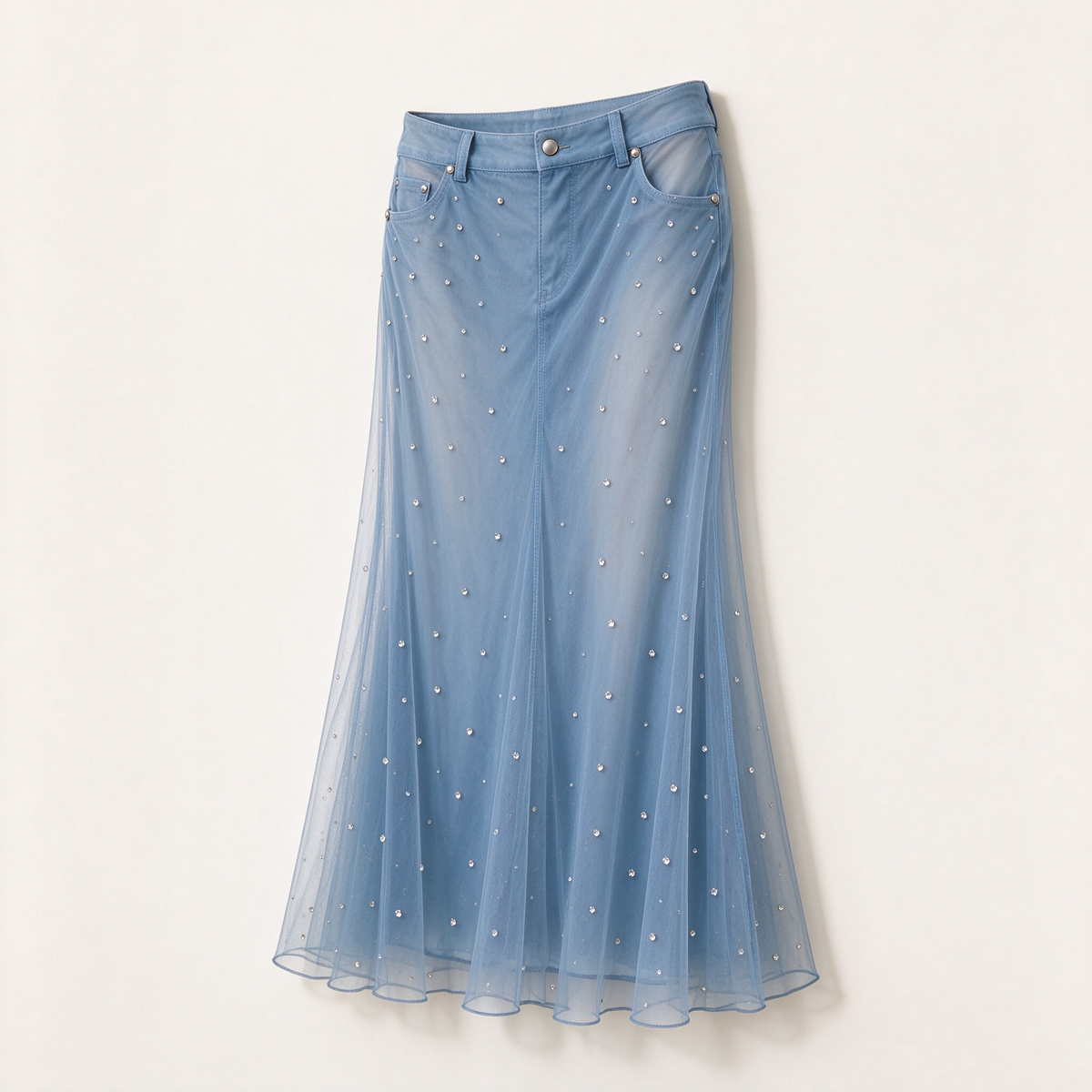 Light Blue Tulle Rhinestone Denim-Waist Maxi Skirt