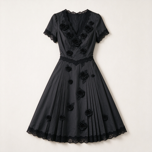 Black 3D Rose Applique Lace Trim Pleated Midi Dress