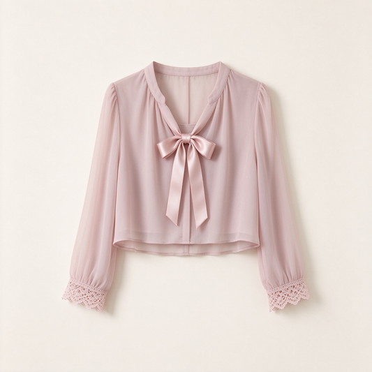 Blush Pink Satin Bow Tie Lace Cuff Cropped Chiffon Blouse