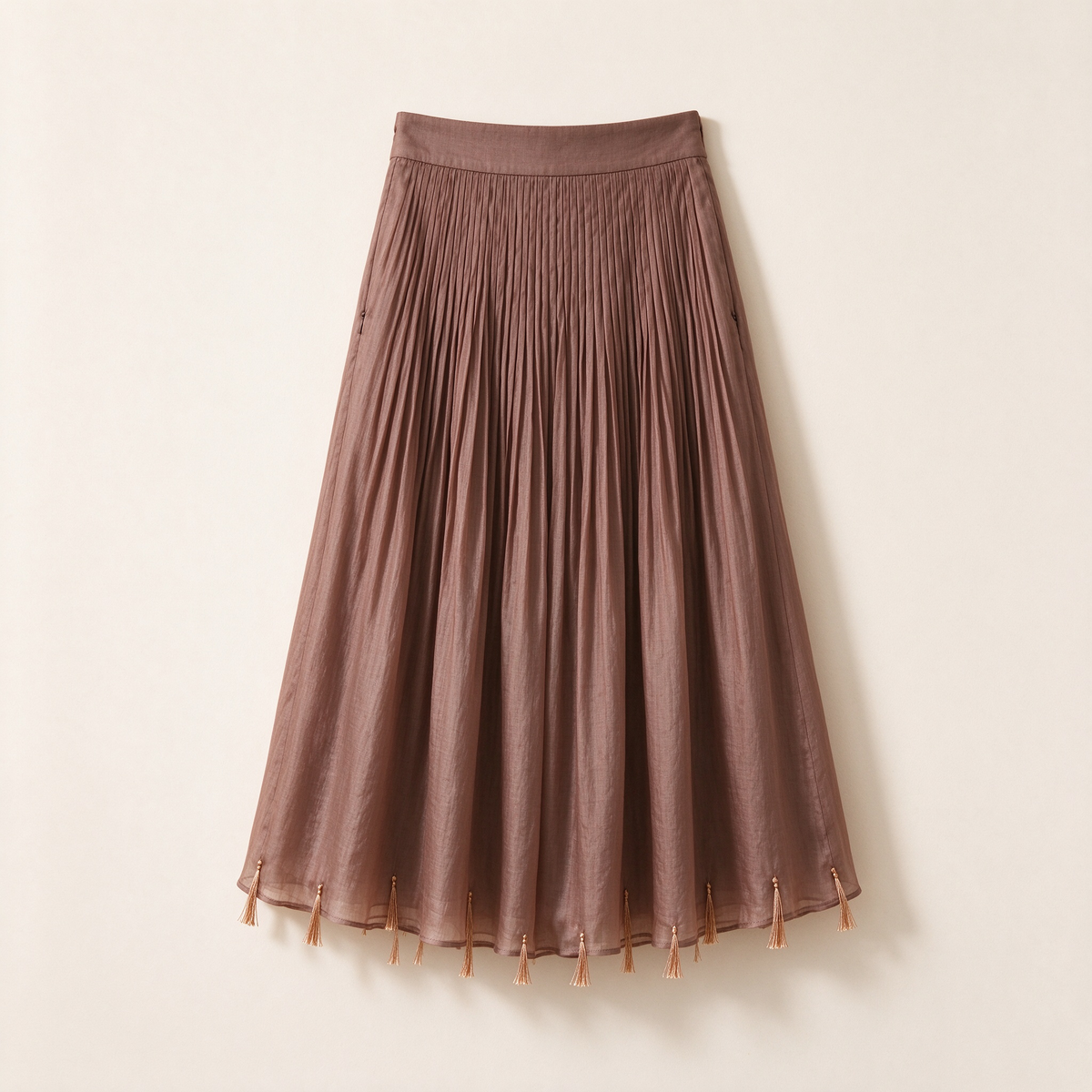 Brown Micro-Pleated Tassel Hem Midi Skirt
