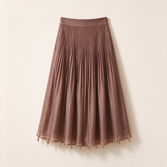 Brown Micro-Pleated Tassel Hem Midi Skirt