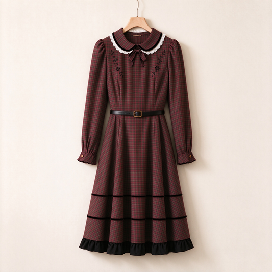 Burgundy Plaid Peter Pan Collar Belted Long Sleeve Midi Dress