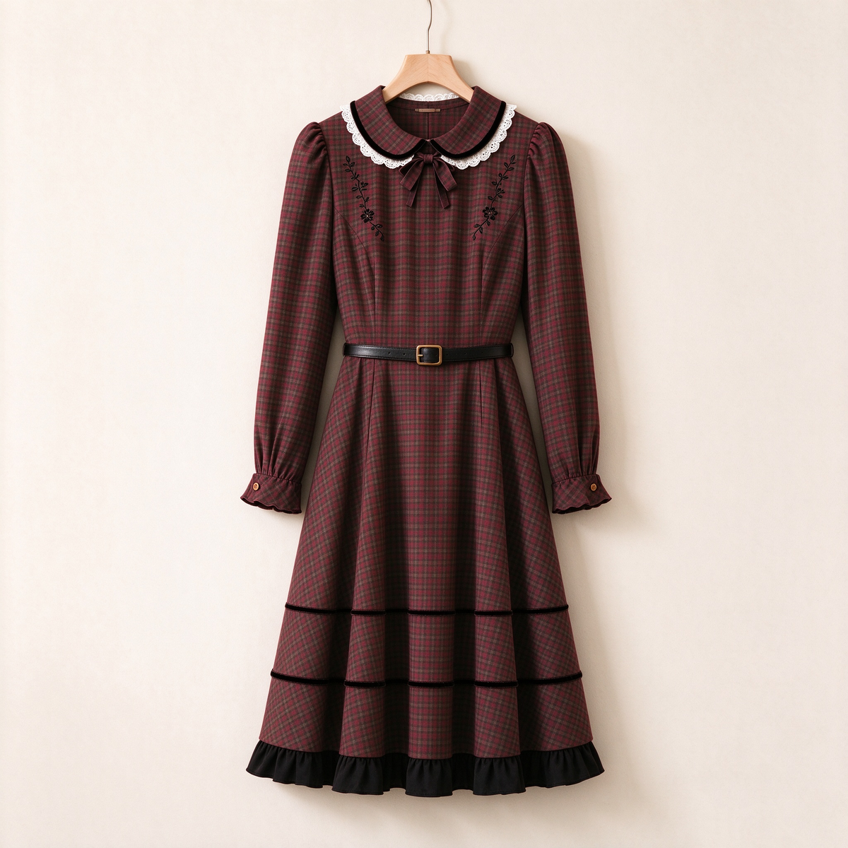Burgundy Plaid Peter Pan Collar Belted Long Sleeve Midi Dress
