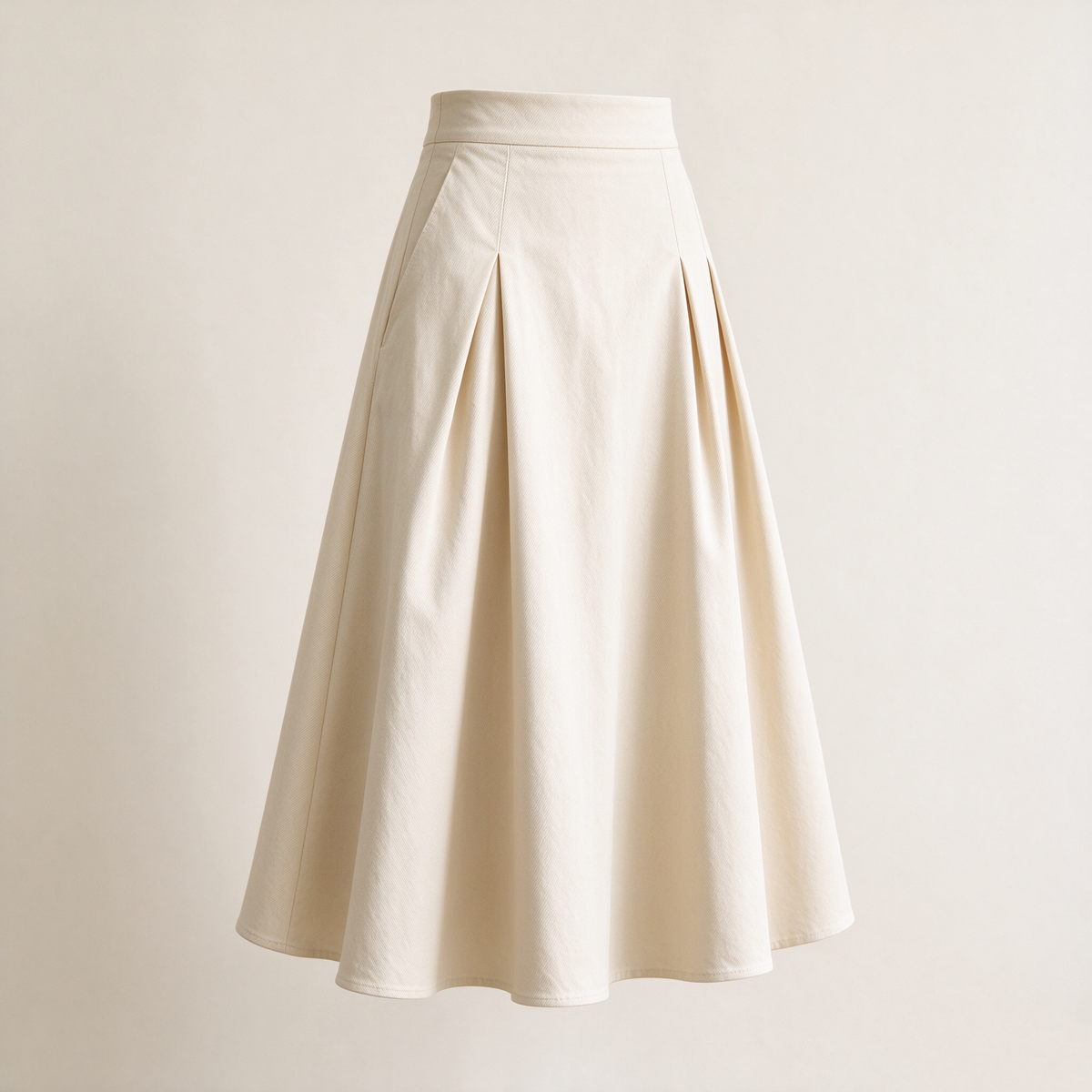 Cream Cotton Pleated Pocket A-Line Midi Skirt