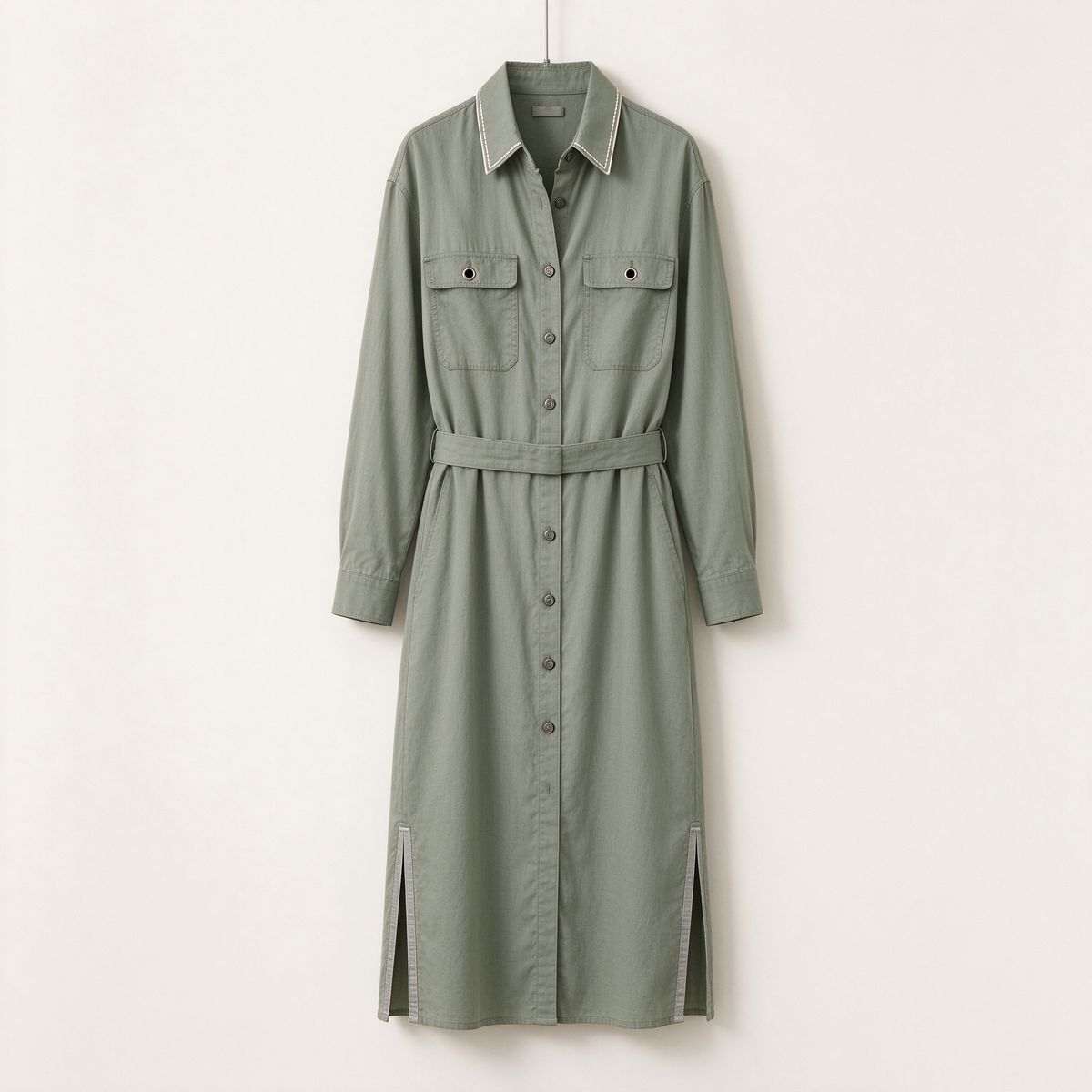 Sage Green Contrast Piping Belted Utility Shirt Dress