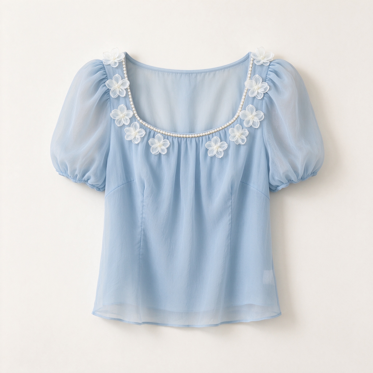 Baby Blue Square Neck Pearl 3D Flower Puff Sleeve Blouse