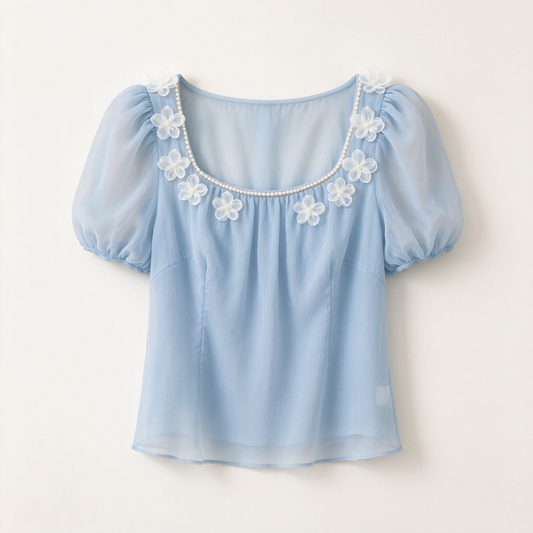 Baby Blue Square Neck Pearl 3D Flower Puff Sleeve Blouse