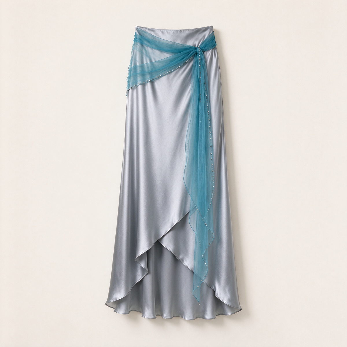 Silver Satin Teal Tulle Beaded Wrap Mermaid Maxi Skirt