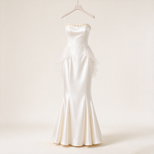 Ivory Pearl-Trim Satin Mermaid Evening Gown