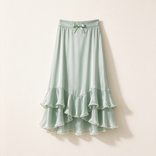 Mint Sage Satin Ruffle Lace Trim Bow Midi Skirt