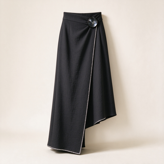 Black Wrap Asymmetric Midi Skirt with Shell Button Rhinestone Trim