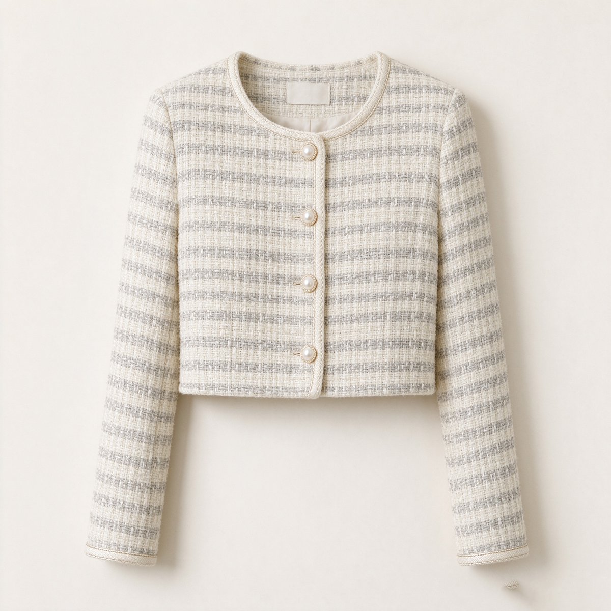 Cream Gray Striped Tweed Pearl Button Cropped Jacket