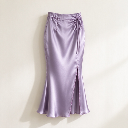 Lavender Satin Tie Waist Slit Mermaid Midi Skirt