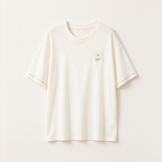 Ivory Oversized Daisy Embroidered Contrast Stitch Tee