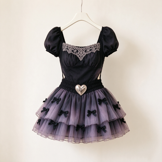 Black Purple Gradient Gothic Lolita Puff Sleeve Tulle Dress