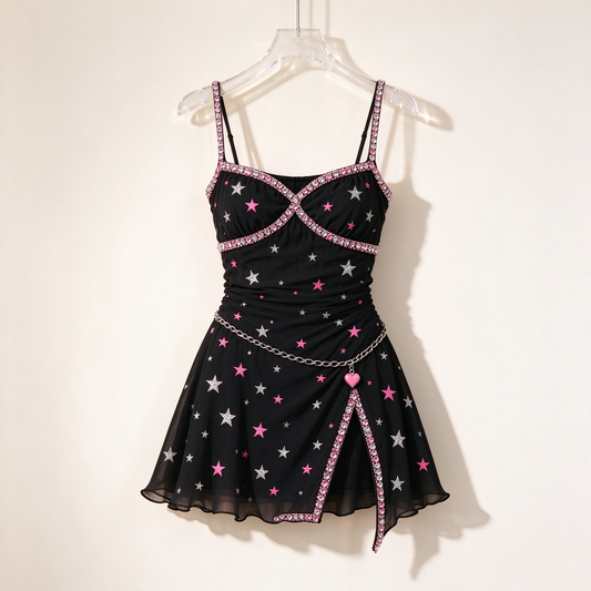 Black Star Print Rhinestone Cami Mini Dress