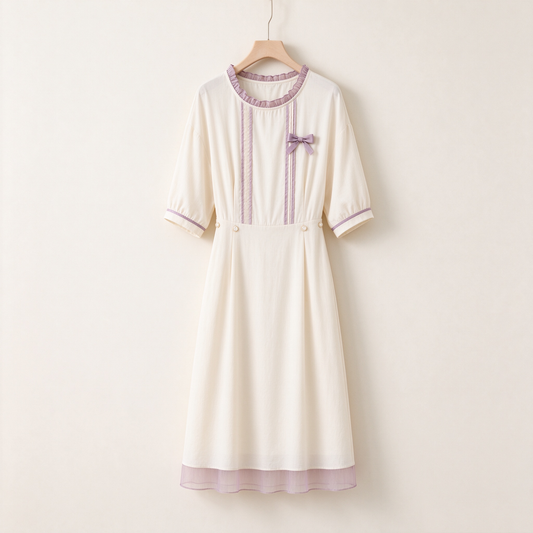 Cream Lavender Ruffle Trim Bow Midi Dress