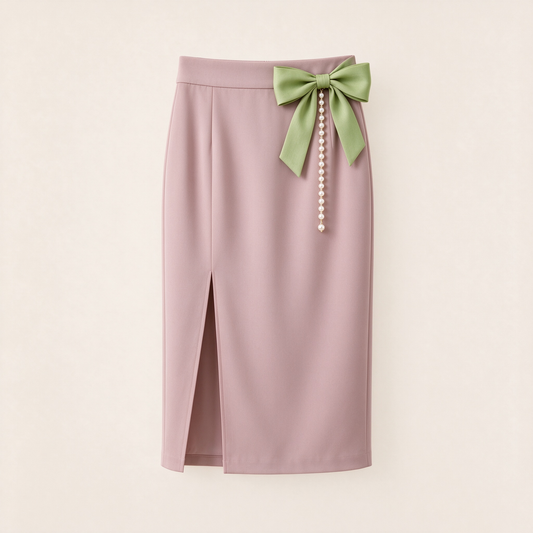 Dusty Pink Slit Pencil Midi Skirt with Green Bow Pearl Drop
