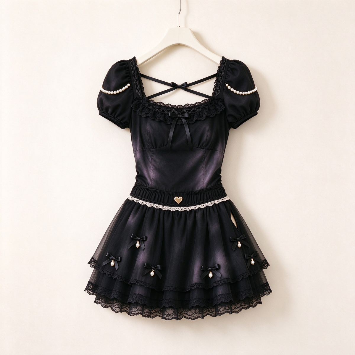 Black Lace Pearl Cross-Back Gothic Lolita Dress