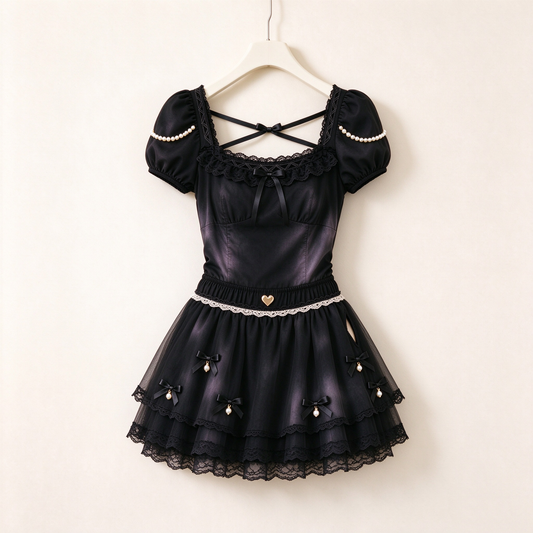 Black Lace Pearl Cross-Back Gothic Lolita Dress