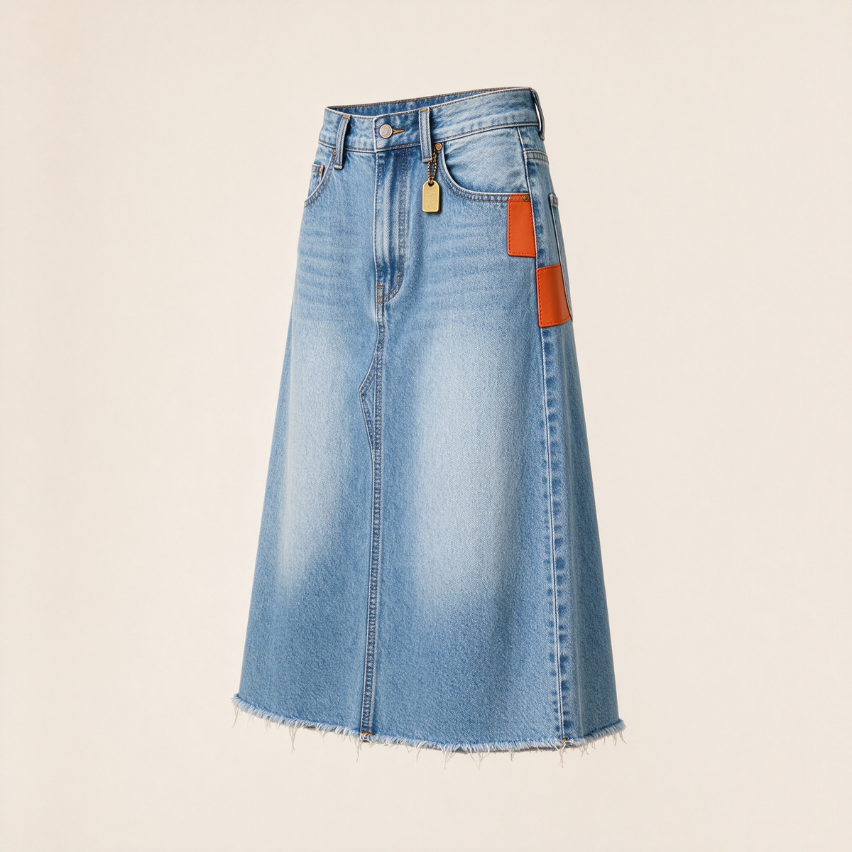 Light Wash Denim Orange Leather Patch Frayed Midi Skirt