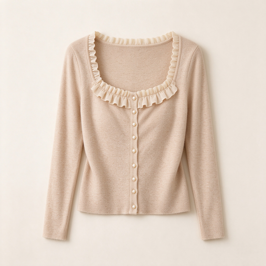 Oatmeal Ruffle Square Neck Pearl Button Knit Cardigan