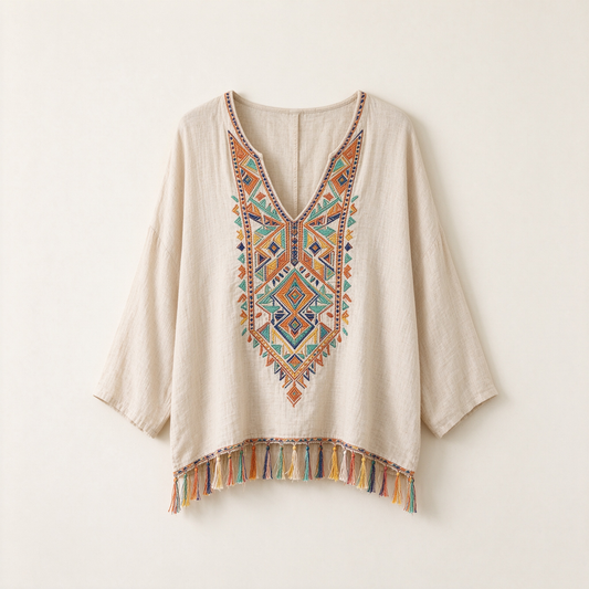 Beige Tribal Geometric Embroidery Tassel Fringe Boho Top