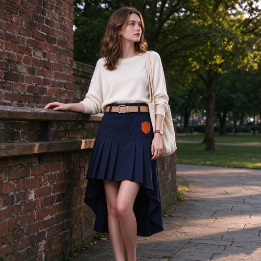 Navy Asymmetric High-Low Pleated Midi Skirt with Belt Orange Badge