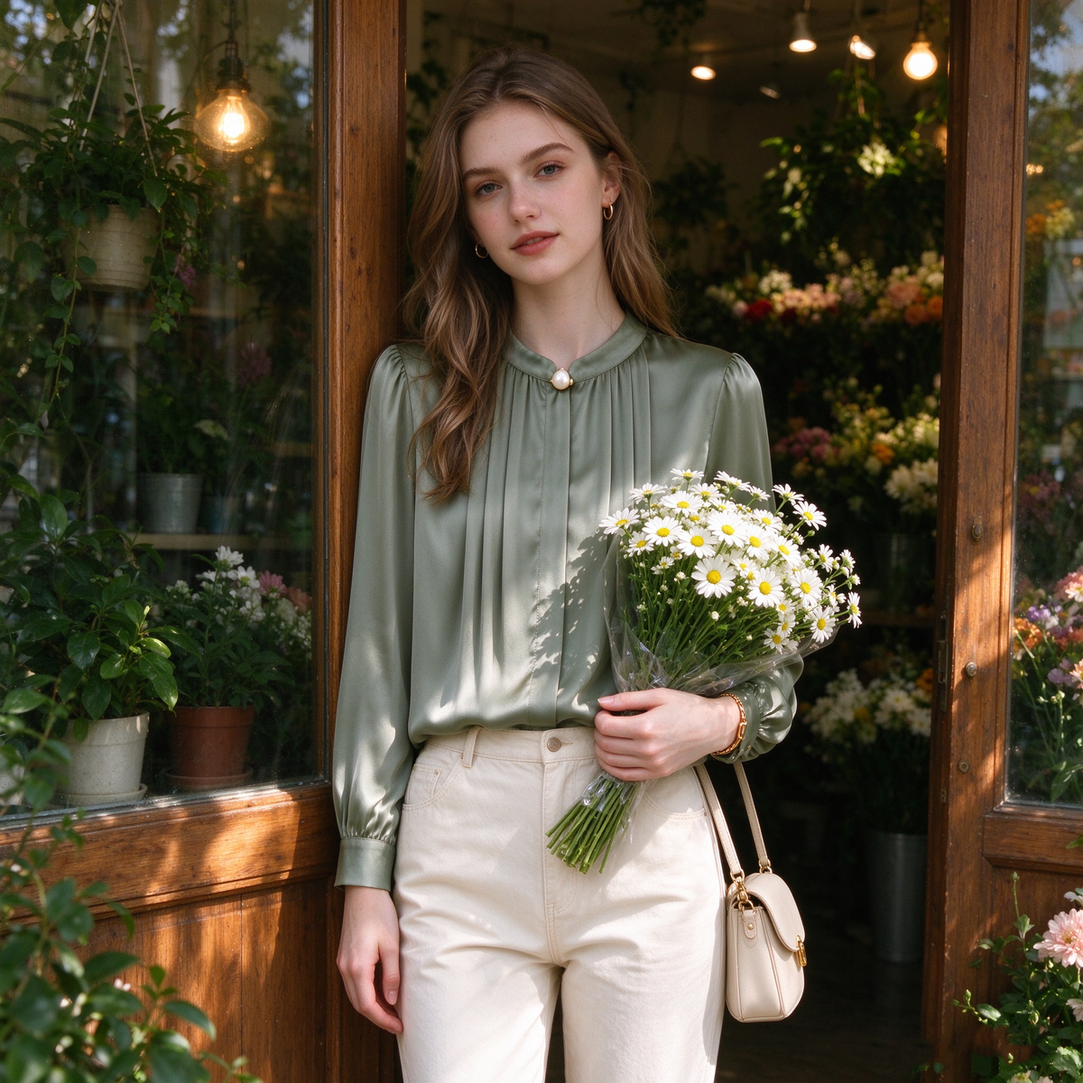 Sage Green Satin Stand Collar Pearl Button Pleated Blouse